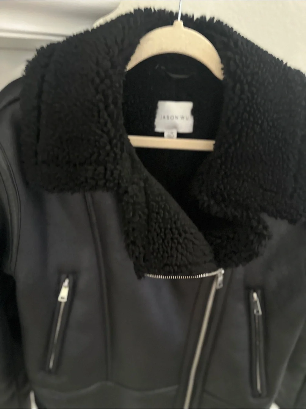 JASON WU 🖤 Cozy Black Vegan Leather & Shearling Moto Jacket Sz Large very Warm